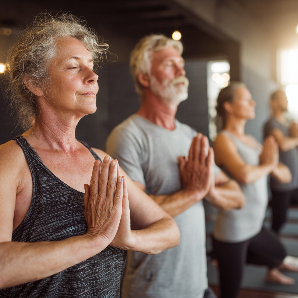 Group of middle-aged adults practicing gentle yoga poses in serene studio setting