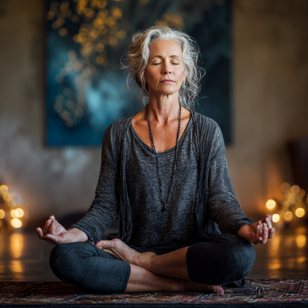 Mature woman practicing yoga meditation in peaceful studio environment